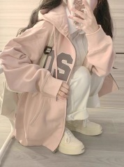 American retro oversize hooded pink sweatshirt coat for women's spring and autumn new long-sleeved top