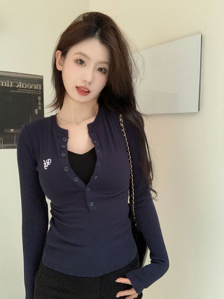 隨心裁美式辣妹半開領打底衫女高級感辣妹修身顯瘦長袖t恤上衣