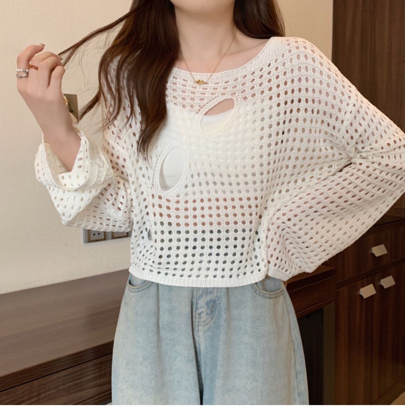 Hollow knitted sweater for women in spring new loose slim outerwear sweater thin base shirt long sleeve top trendy