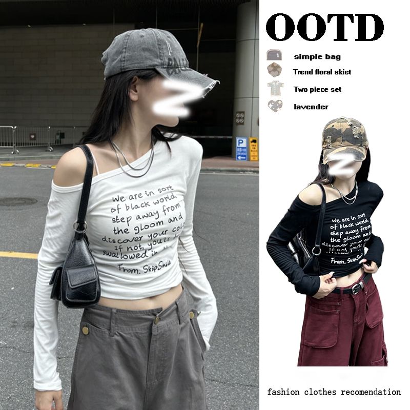 Slanted neck letter printed one-shoulder T-shirt for women in early autumn 2025 new design slim slim base top