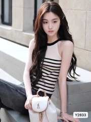 2025 spring and summer new ins trendy neck stripes literary Korean, Japanese, European and American simple method knitted sexy vest Z