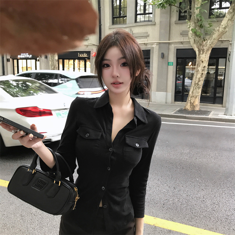 氣質純欲風性感翻領長袖襯衫女早秋修身收腰綁帶襯衣白色開衫上衣