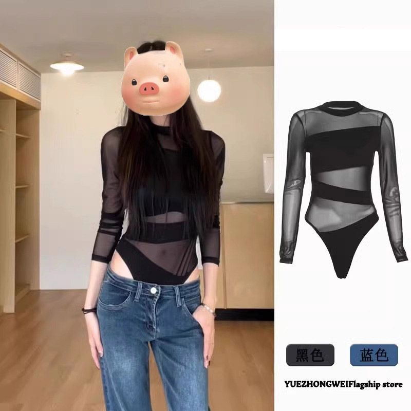 Official photo 2025 spring and summer new hot girl sexy mesh splicing base shirt for women slim fit hollow top