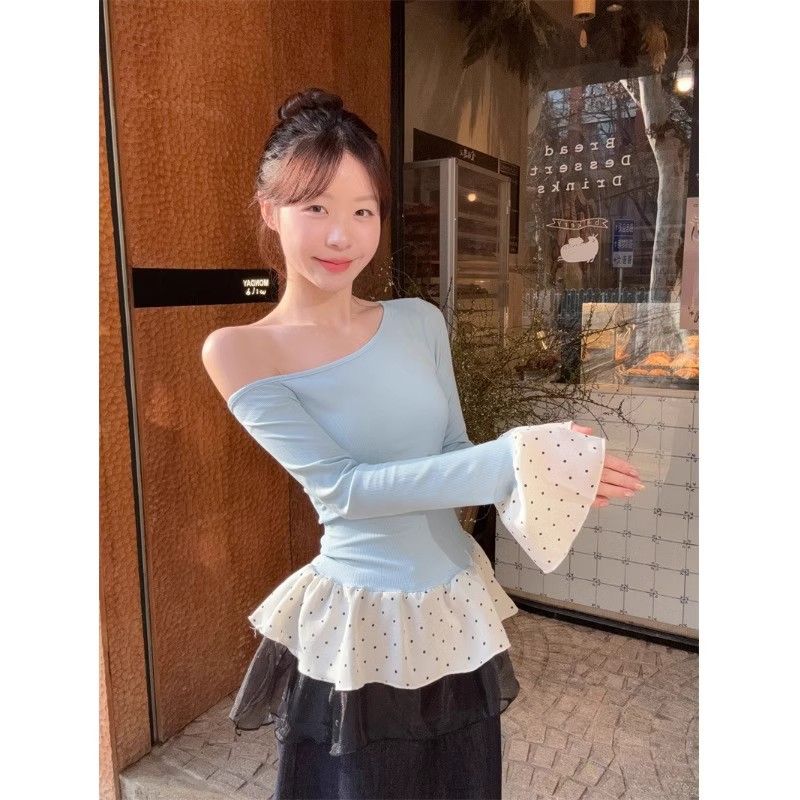 甜美風長袖斜肩藍色T恤女春季法式波點打底衫內搭蕾絲裙擺上衣服