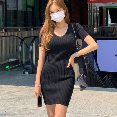 韓國東大門夏季新款洋氣坑條紋 JU顯瘦V領彈力修身連衣裙pj