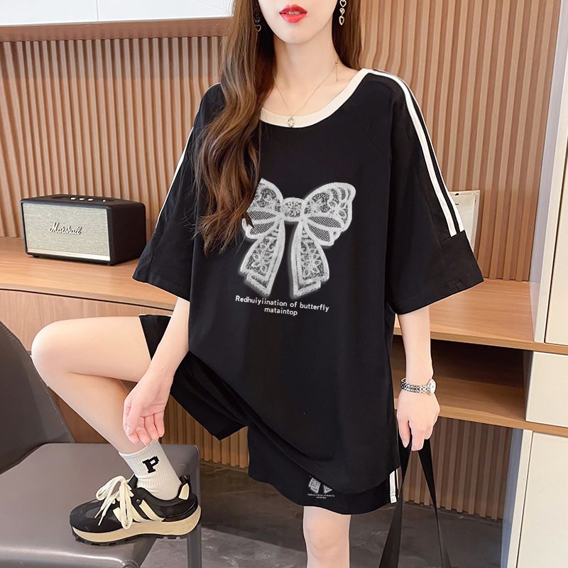 Real photo of pure cotton 2025 summer casual sports short-sleeved T-shirt shorts suit women's two-piece set