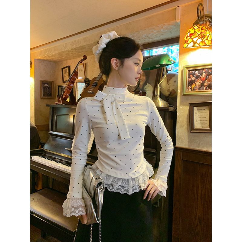260g white polka dot thigh neck long sleeve T-shirt for women for spring slim lace lace base top