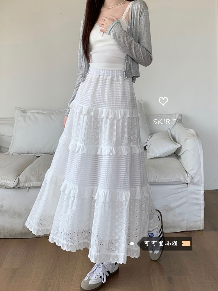 Cake skirt + lining + elastic waist skirt niche design A-line skirt French fluffy cake long skirt