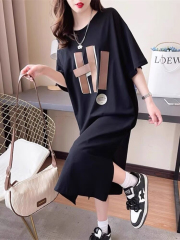 Quality/pure cotton/rear collar long over-knee printed loose dress