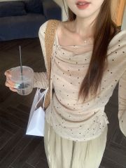 原版面料 純欲波點系帶盪領長袖T恤女裝不規則褶皺修身顯瘦上衣