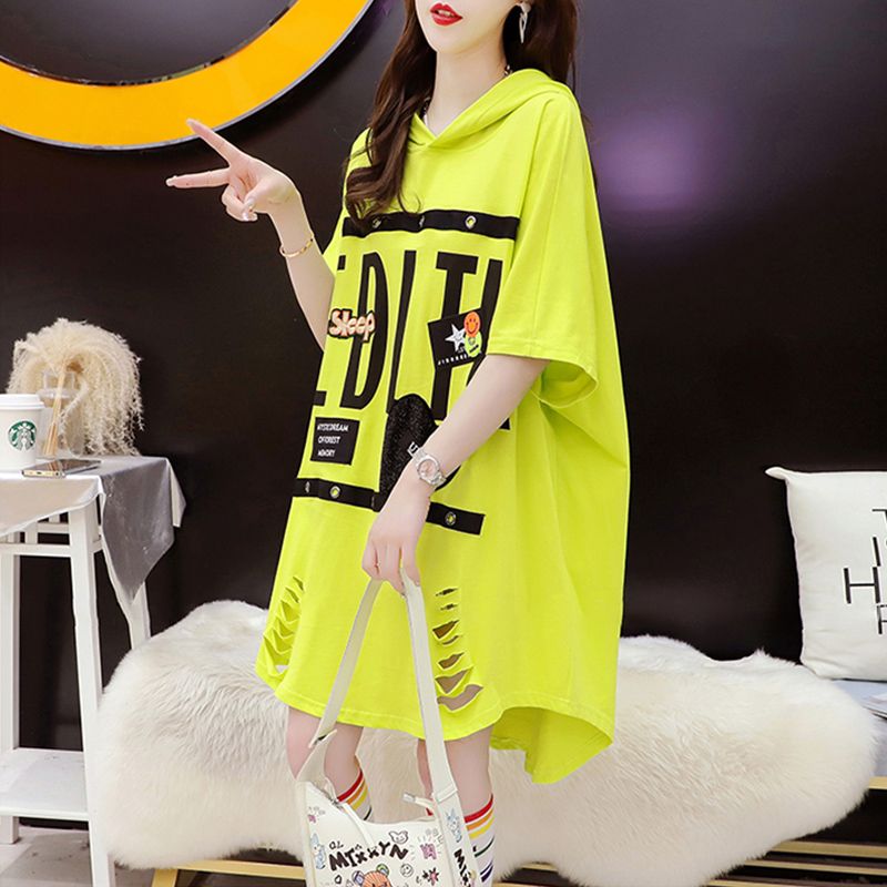Official picture 6535 cotton pull-up hooded short-sleeved T-shirt for women's mid-length summer Korean loose T-shirt top