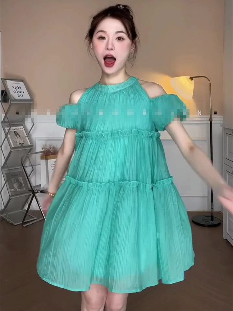 少女感甜美風露肩小個子氣質連衣裙夏季減齡仙氣配腰鏈A字娃娃裙