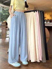 Real shot of ice silk wrinkled new high-waist ice silk wide-leg pants lazy acetic acid texture