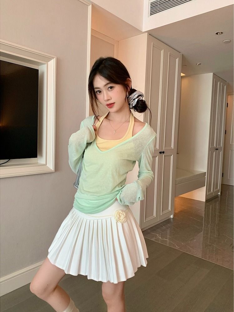 天絲螺紋薄荷綠薄款疊穿V領防曬長袖T恤女夏顯瘦正肩純色上衣