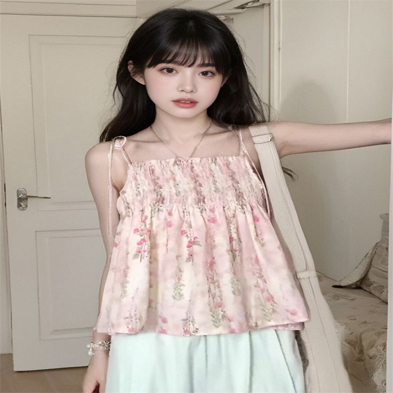 Floral suspender strap printed small vest for women 2025 summer outdoor wear sleeveless tops for women hot girls