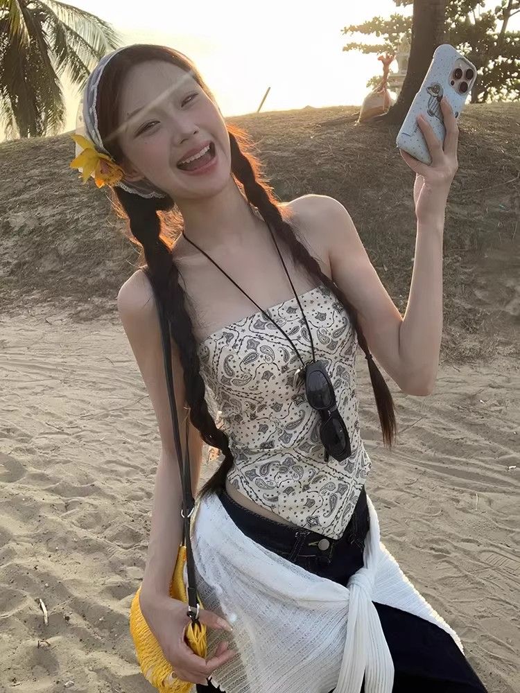 度假風腰果花抹胸背心女修身性感後背綁帶顯瘦上衣