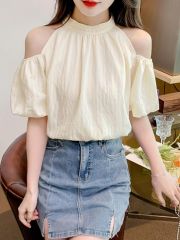 New summer puff sleeves off-shoulder halter design niche loose loose slimming chiffon shirt top for women