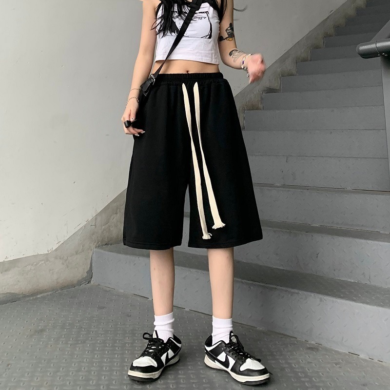 Harajuku style retro drawstring elastic high waist loose straight wide-leg casual sports five-point shorts for women ins fashion