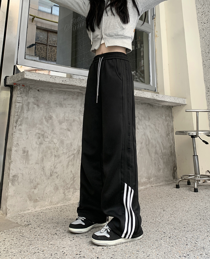 Real shot 3D edge American striped new loose straight tube sports pants casual long pants 