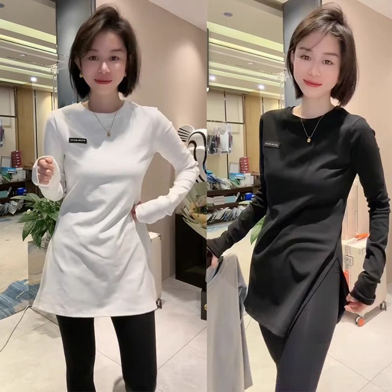 European products 2025 Spring and Autumn Women's Fashion Design Feelings Versatile Casual Slim Slit Long Sleeve Medium-Length Base Shirt Top