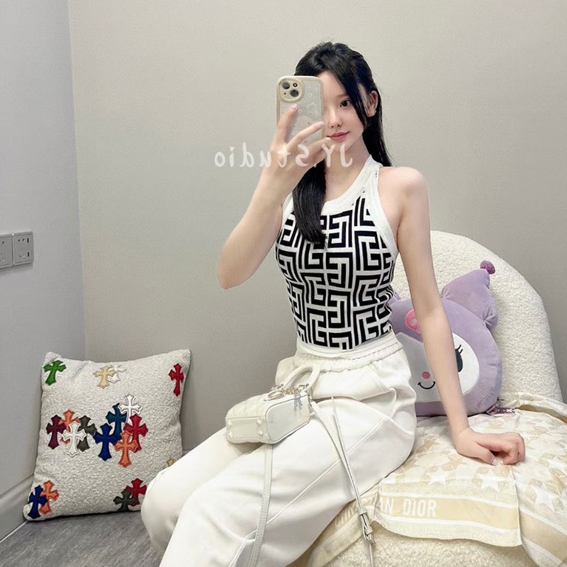 夏季復古性感拼接圓領字母印花針織吊帶背心女氣質無袖打底短上衣