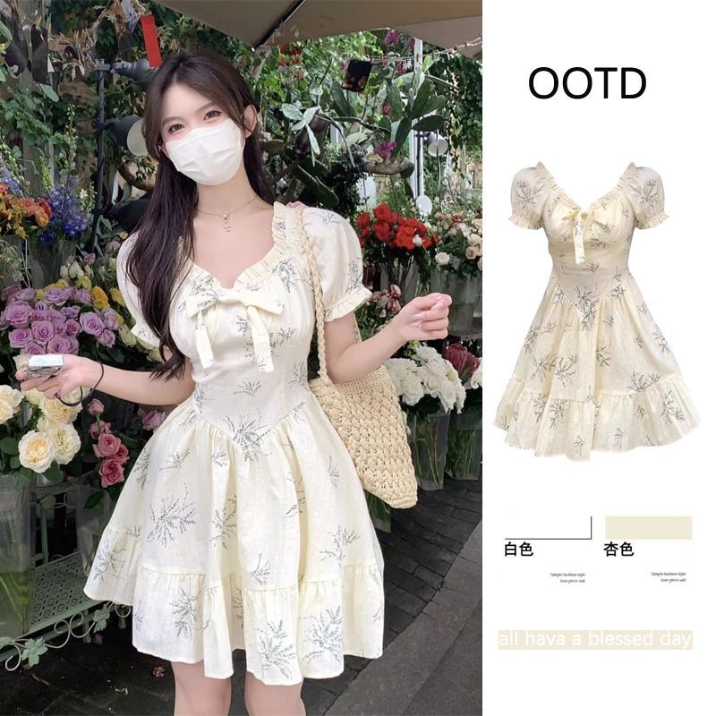Summer French tea break square collar bow floral dress for women with small and gentle street-fried holiday style short skirt