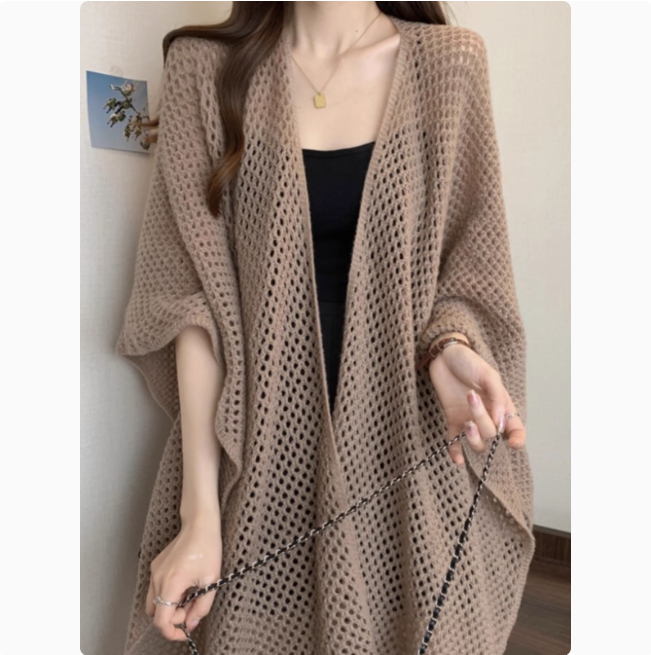 Fashionable loose knitted hollow cape shawl for women in summer large size fat mm chic design and slim air-conditioned cardigan