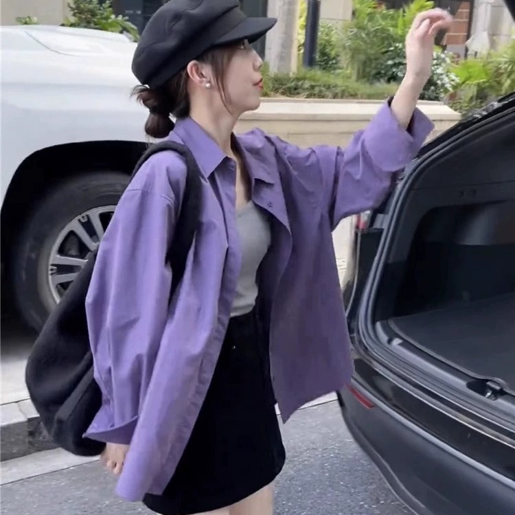 紫色長袖襯衫外套女秋裝新款襯衣韓系高級感寬鬆休閒上衣