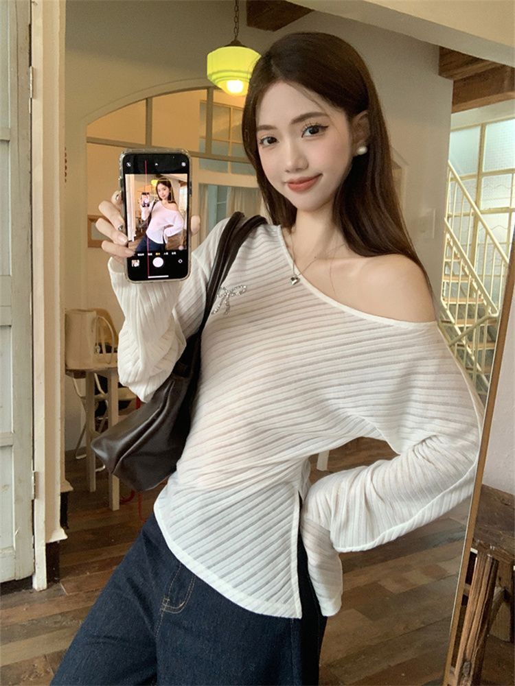 原版面料 韓系條紋斜領長袖T恤女溫柔風小個子顯瘦百搭露肩上衣