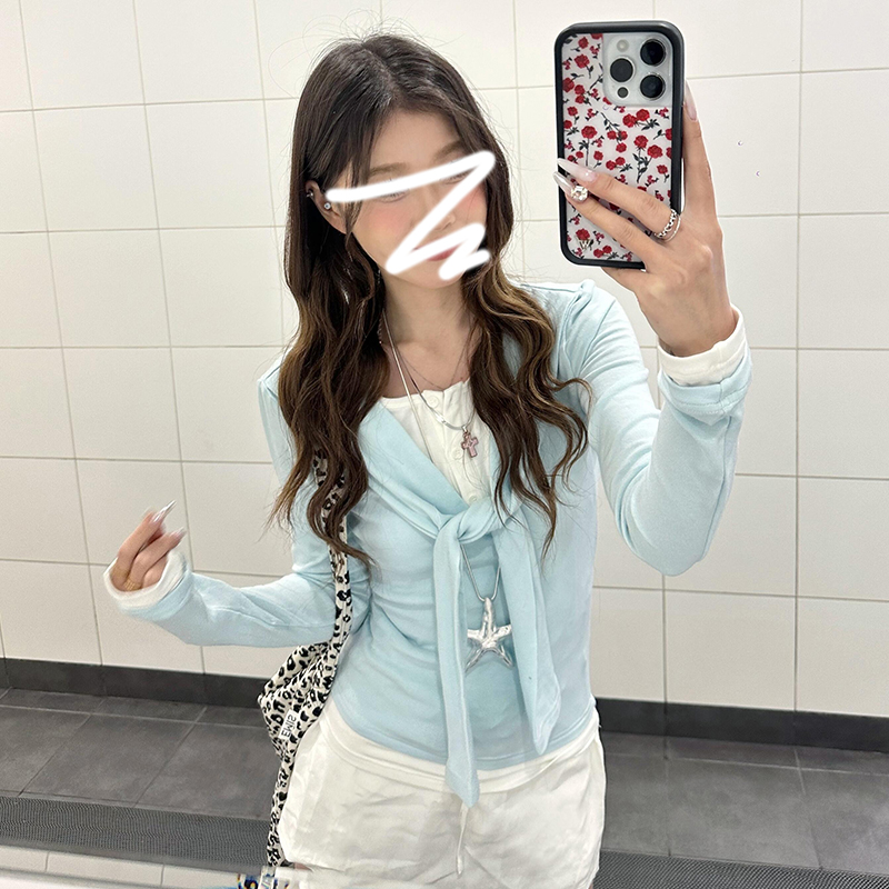 拼接假兩件飄帶長袖T恤女春季修身撞色打底衫上衣