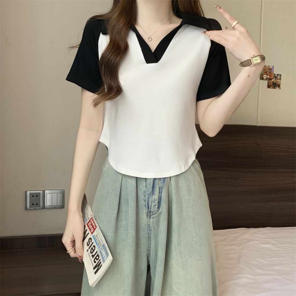 實拍 40支純棉210克92棉/8氨綸短袖T恤女撞色polo領