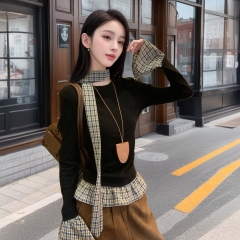 假兩件格紋拼接內搭長袖T恤女荷葉邊顯瘦別致打底衫