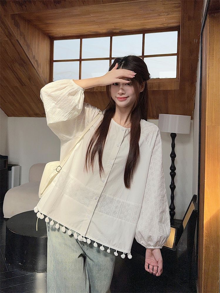 100%棉重工流蘇襯衫女裝春季2025新款小眾襯衣娃娃衫法式上衣