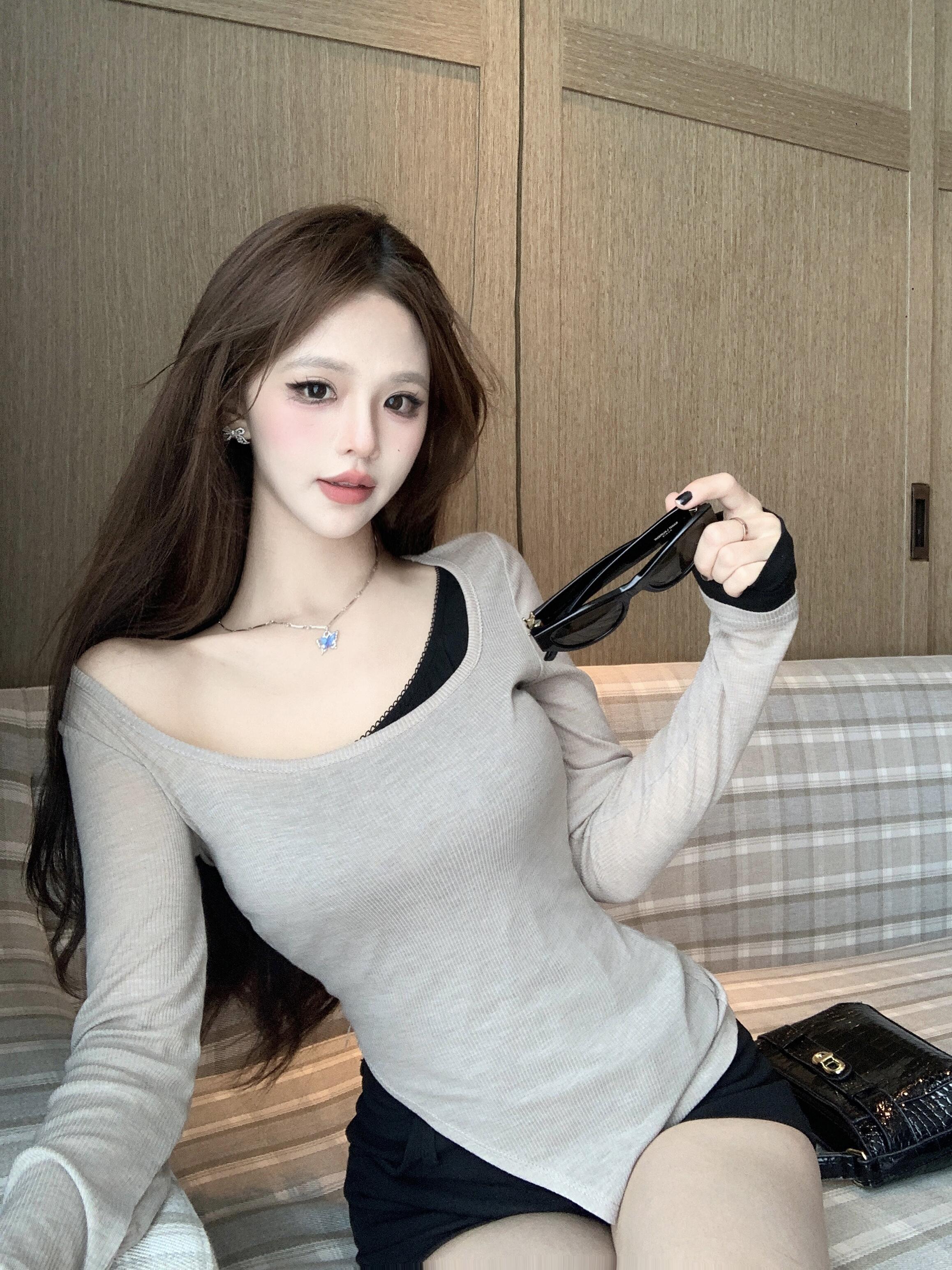 Real shot of fake two-piece design-sensual base shirt slim irregular long-sleeved T-shirt top