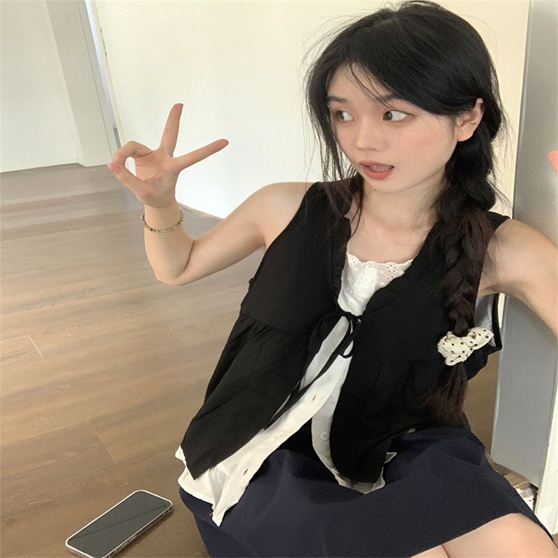 假兩件系帶撞色拼接無袖襯衫女2025夏季新款設計感時尚百搭背心潮
