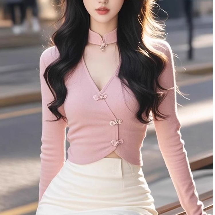 秋冬新中式v領復古盤扣國風修身打底衫女設計感掐腰露臍短款上衣