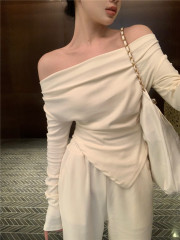 Salt-style light mature set for women, one-shoulder T-shirt top, spring new high-waisted wide-leg pants, elegant pants, two-piece set
