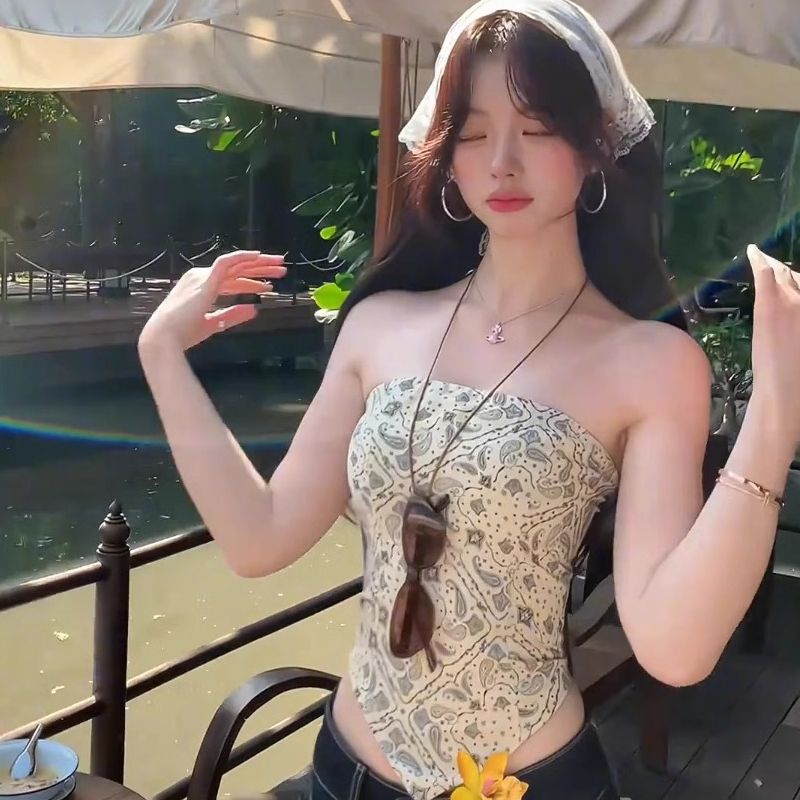 復古花紋蝴蝶結抹胸背心女春季辣妹性感外穿修身無袖上衣