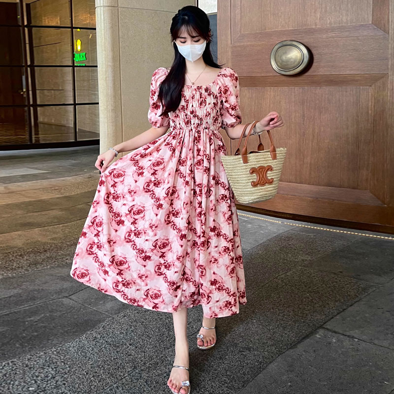大碼設計感露肩碎花長裙子夏季胖MM顯瘦遮肉水墨印花泡泡袖連衣裙