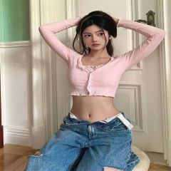 French-style two-piece long-sleeved T-shirt for women, new design for spring and autumn, unique and sexy, hot girl short top