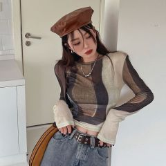 港味甜酷辣妹T恤女2025春季新款撞色暈染圓領修身洋氣長袖打底衫