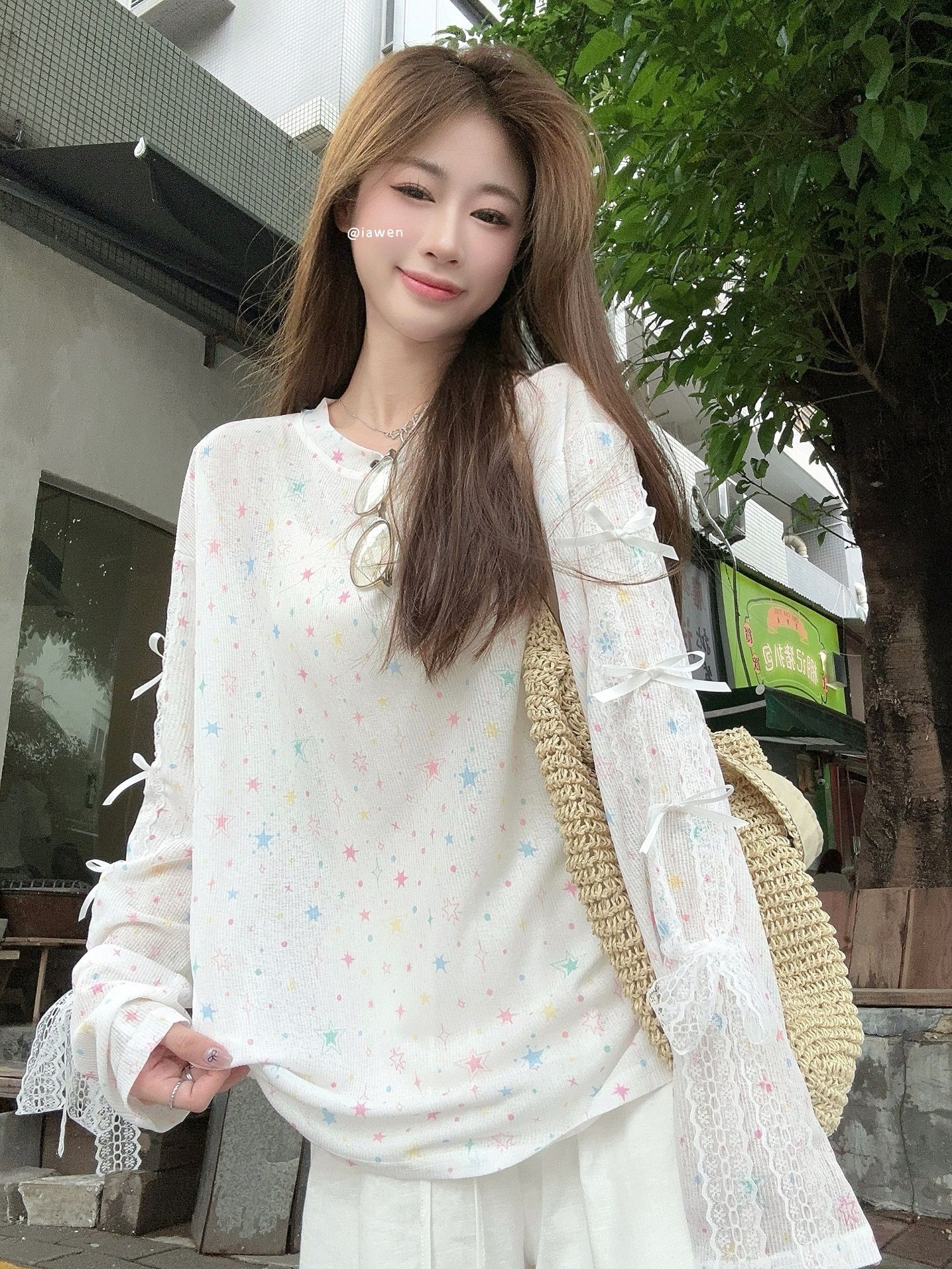 薄款印花長袖防曬T恤女夏季設計感蝴蝶結蕾絲拼接上衣