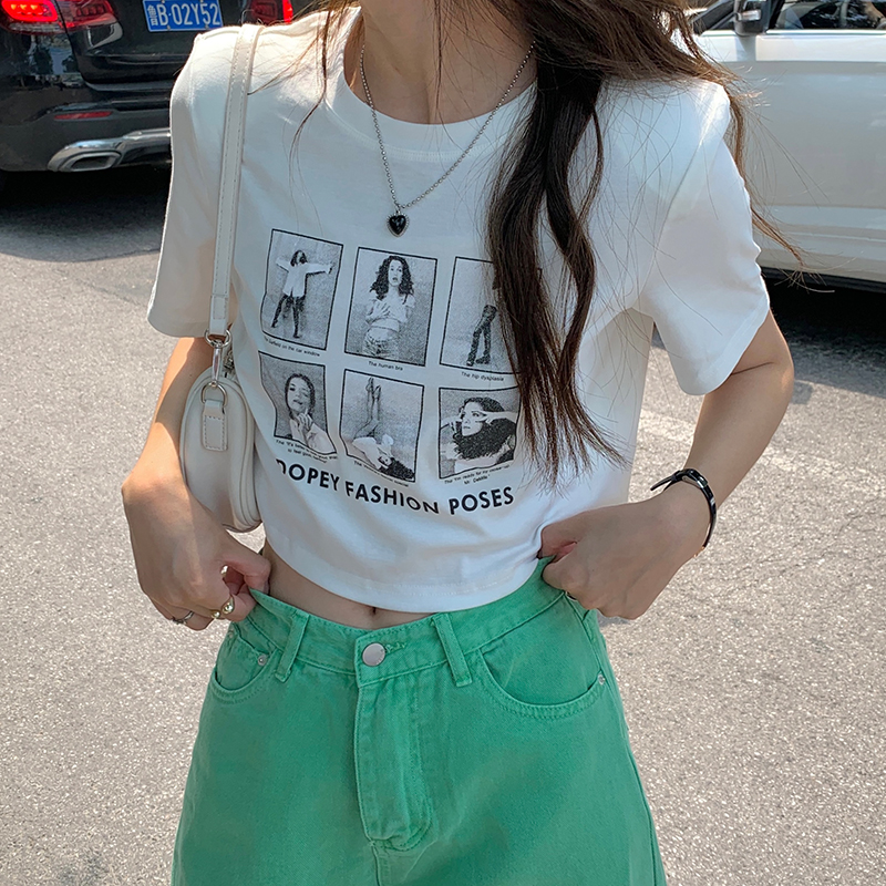 實拍 210克 92棉夏季短款辣妹美式復古人像印花性感修身上衣女T恤