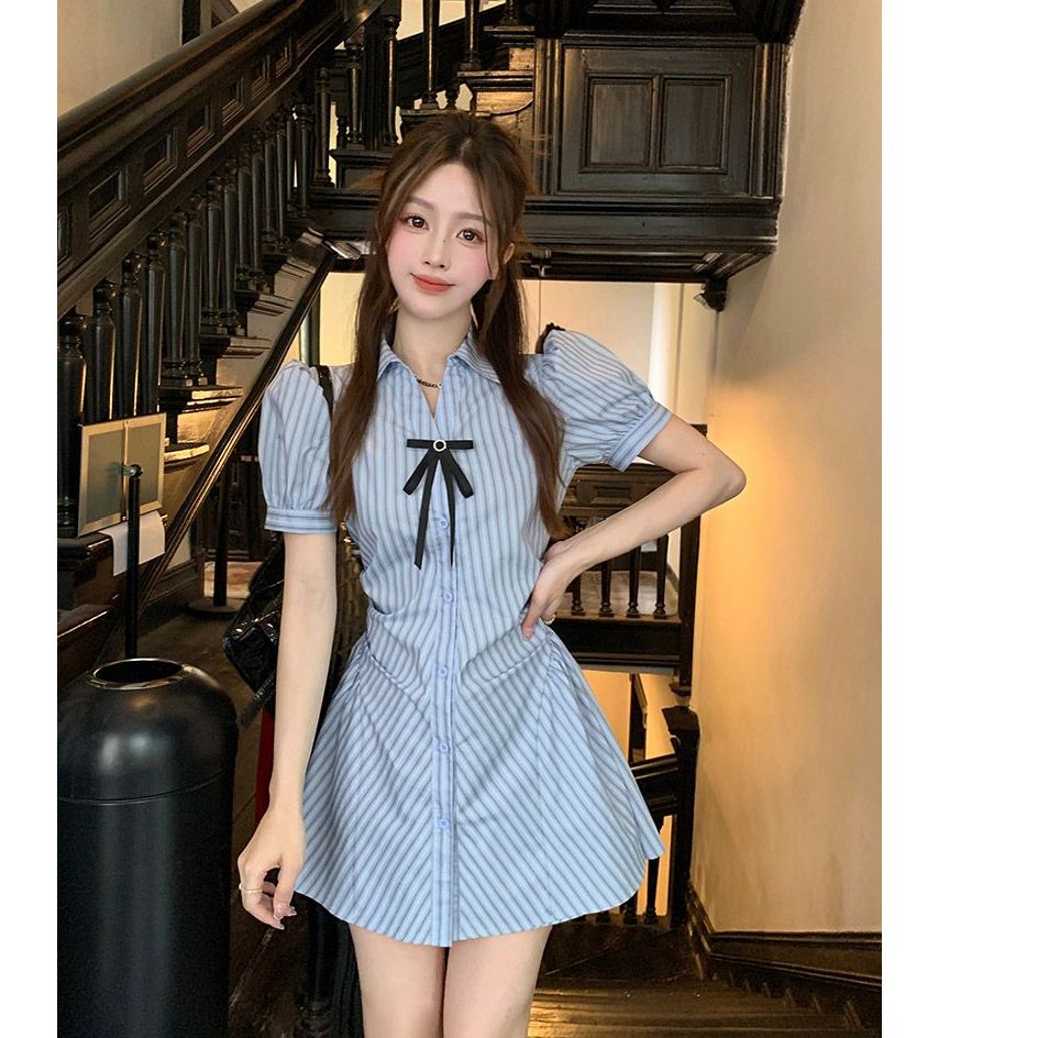 學院風套裝收腰顯瘦裙子條紋襯衫連衣裙女夏季高腰短褲時尚兩件套