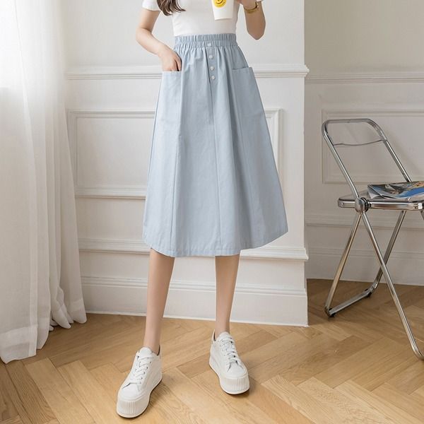New summer design umbrella skirt Korean versatile slim elastic high waist A-line skirt mid-length large sway skirt