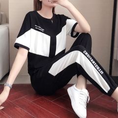 潮牌夏季新款休閒運動套裝女韓版寬鬆時尚短袖跑步服拼色兩件套