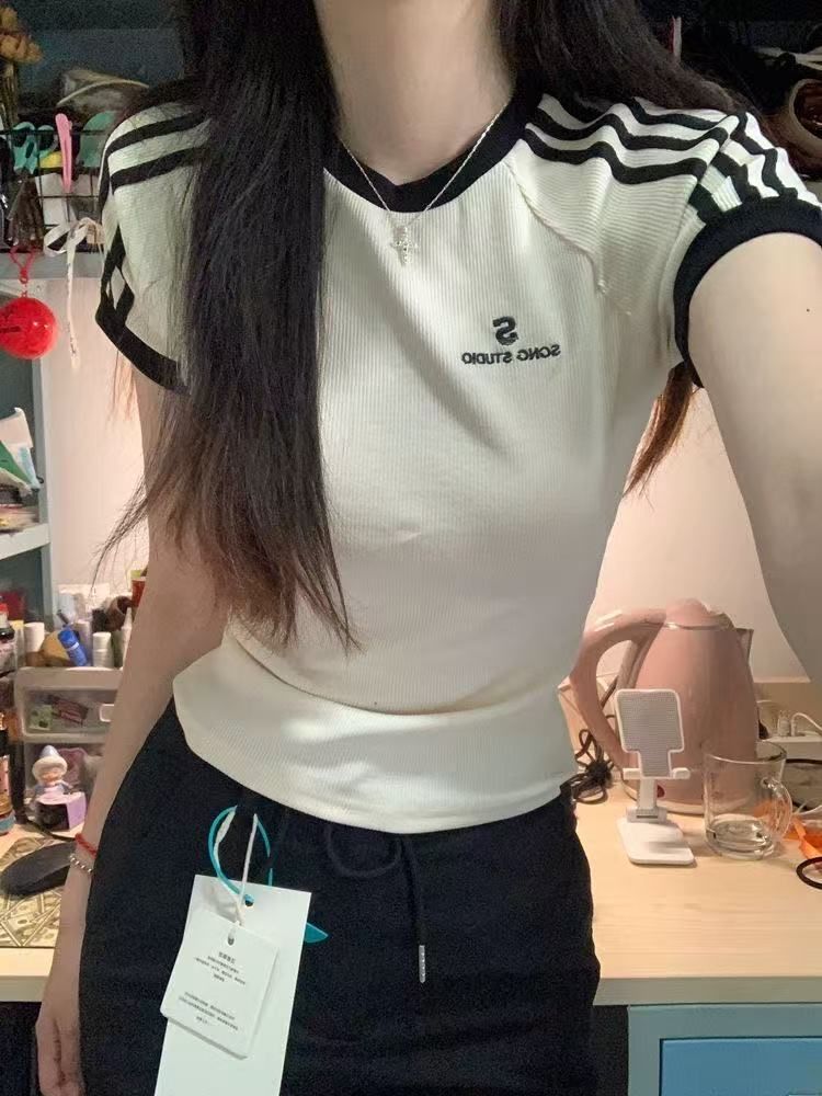 2*2隨心裁設計感小眾插肩條紋拼接短袖T恤女