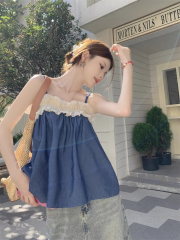 French versatile small suspenders for women in summer 2025 new style chiffon spliced ​​ruffle top