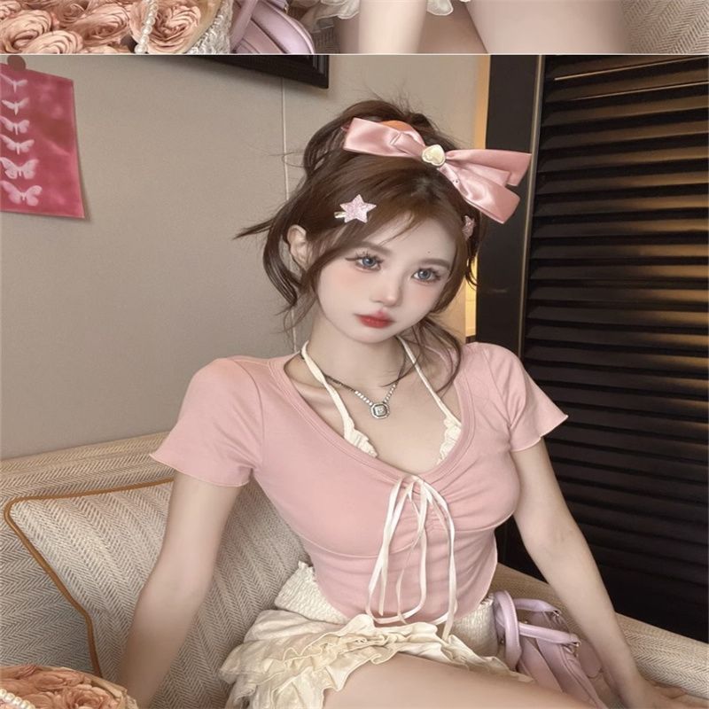 法式甜美假兩件短袖T恤女夏季純欲修身短款設計感木耳邊掛脖上衣