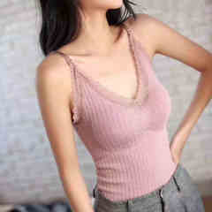 新款時尚V領蕾絲拼接亮絲吊帶背心女打底小衫